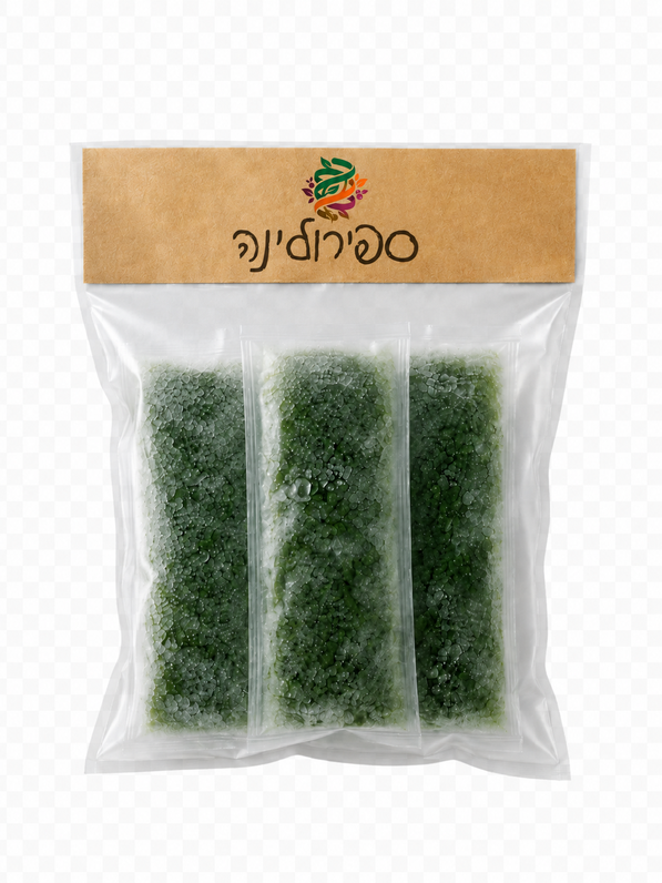 מארז ספירולינה. אצות ים קפואות. frozen spirulina algae. 8 מנות הגשה ארוזות בנפרד לשימוש קל. האצה גדלה בתהליך ייחודי והוקפאה מייד על מנת לשמור את הערך התזונתי המקסימלי. אינו מכיל תוספים, כימיקלים או חומרים משמרים. כשר פרווה.